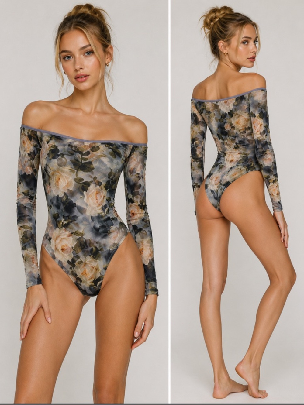 L'AGENCE Womens Floral Mesh Off-the-Shoulder Long Sleeve Bodysuit Grey Rose M